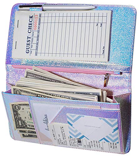 Zreal Server Book for Waitress with Zipper Pocket, 5 X 9 Serving Book, Magnetic Closure Pocket with Big Volume, Pen Holder for Waiter Server Wallet Fit Waitress Apron (Iridescent B)