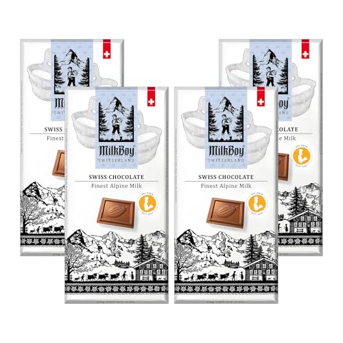 Milkboy Swiss Chocolate Bars - Premium Swiss Alpine Milk Chocolate - Smooth European Milk Chocolates Gift - Sustainably Farmed Cocoa - Gluten Free - 3 oz, Pack 4