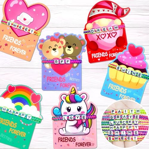 LINAYE 24 Pack Valentines Gift Cards with Friendship Bead Bracelets, Kids Classroom Party Favors