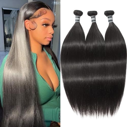 ASHINE Human Hair Bundles Body Wave Straight, Unprocessed Cambodian Raw Hair Bundles for Women Natural Black 16 18 20 Inch, Keep Soft and Silky After Multiple Washes