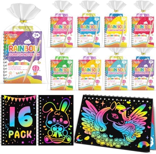 Party Favors for Kids: 16 Pack Rainbow Scratch Art Notebook Easter Classroom Gifts Bulk for Girls Boys Easter Basket Stuffers, Return Gifts for Birthday Party Favors Bulk Kids Crafts