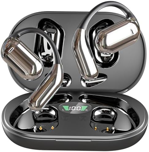 Open Ear Headphones Wireless Bluetooth 5.4 Earbuds Sport Over Earphones Built-in Mic with Ear Hooks 50H Playtime Ear Buds LED Display Charging Case, Waterproof Design for Running(Black)