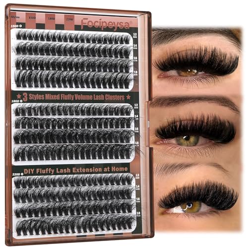 Focipeysa Fluffy Lash Clusters Wispy Lash Extension 12-18mm Eyelash Clusters 150D+180D+220D Individual Eyelashes Extensions, DIY Clusters Lashes at Home (240pcs 12-18mm Mixed)