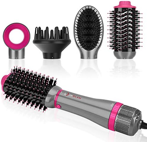 IG INGLAM 4 in 1 Blowout Brush, Negative Ion Detachable Hair Dryer & Styler Volumizer Hot Air Brush with 2 Styling Brush Heads, Silver