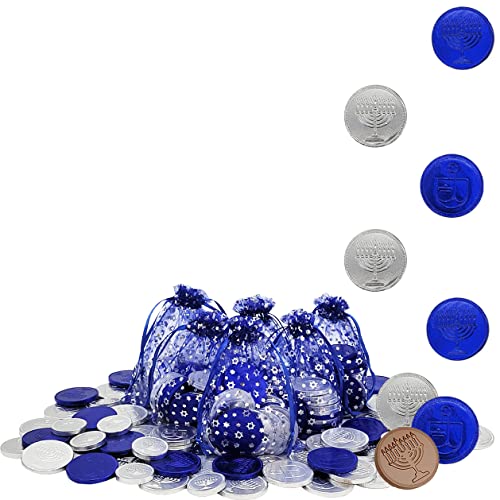 The Dreidel Company Milk Chocolate Coins in Hanukkah Gift Bag, Hanukkah Gelt, Made with Premium Belgian Chocolate, 15 Coins in each Bag (Blue&Silver Nut-free Belgian Milk Chocolate Coins, 6-Bags