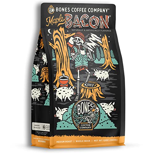 Bones Coffee Company Maple Bacon Flavored Coffee Beans, Whole Bean Coffee Medium Roast Low Acid, Maple Bacon Flavor (12 oz)