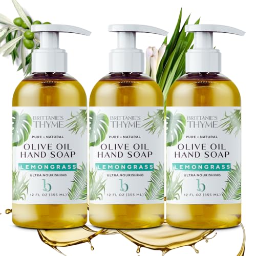 Brittanie's Thyme Organic Natural Hand Soap - 12 oz, Pack of 3 (Lemongrass) Castile Soap Made Olive Oil And Natural Luxurious Essential Oils. Vegan & Gluten Free