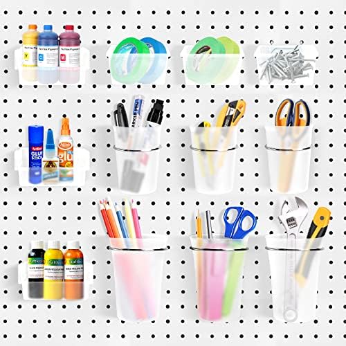 FZK Pegboard Bins PegBoard Cups with Hooks & Loops 12 Pack Set, Pegboard Bins, Peg Board Organizer Accessories, Pegboard Accessories for Craft Room Garage Office Workbench, Clear