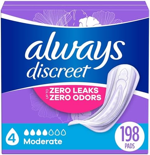 Always Discreet Adult Incontinence Pads for Women, Moderate Absorbency, Regular Length, Postpartum Pads, 198 CT