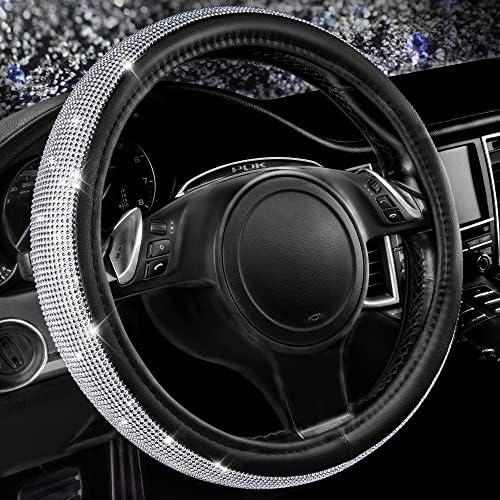 CAR PASS Bling Diamond Leather Steering Wheel Cover, with Bling Sparkly Crystal Glitter Rhinestones Universal Fit 14.5in-15in Car Wheel Protector for Women Girl Fit Suvs,Vans,Sedans,Car,Trucks, Silver