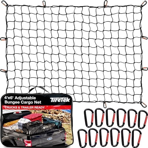 TIRETEK Cargo Net Truck Accessories for Men, Heavy-Duty Pickup Truck Bed Netting 4' x 6' Stretches to 8' x 12', 12 Metal Carabiners, Bungee Mesh Accessory with Strap Hooks for SUV, Trailer Tarp