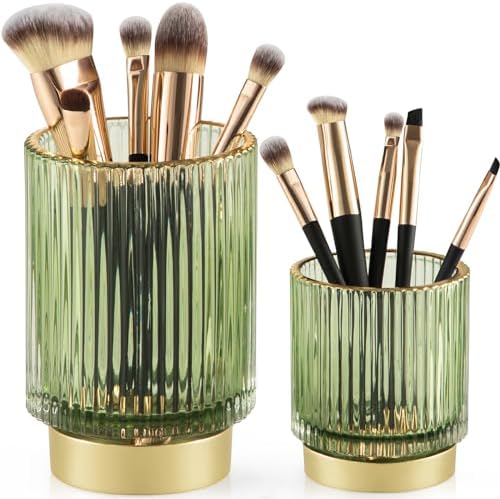 CANITORON Makeup Brush Holder 2 Pack, Glass Cosmetic Makeup Brush Organizer, Storage Organizer for Paint Brush, Pen, Pencil, Eyeliner, Bathroom Counter, Dresser, Bedroom Storage Cup-Green S+L