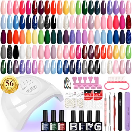 PHOENIXY Gel Nail Polish Kit with U V Light 48W, 56 Pcs 108 Effect Gel Nail Kit Base Glitter Top Coat Gel Nail Polish Set Manicure Tools Gifts for Women
