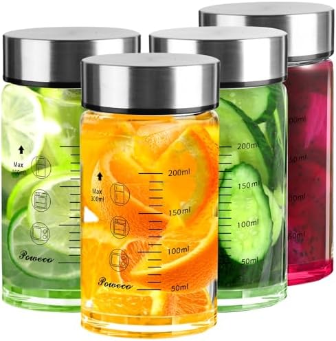 Glass Juice Bottles 4 Pack 10 oz - Wide Mouth Glass Water Bottles with Lids - for Juicing, Protein, Smoothie, Milk, Reusable, BPA Free, Stainless Steel Lids, Blender, Shaker Bottle (10oz/300ml)