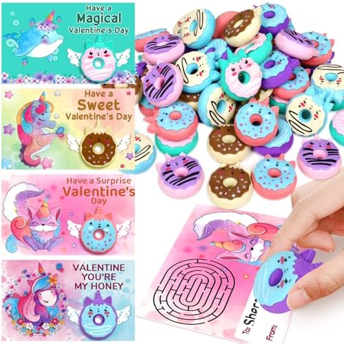 28 Unicorn Donut Erasers Valentines Day Gifts for Kids with Valentines Cards Cute Pencil Erasers Bulk Valentines Classroom School Exchange Prizes for Girls Boy (Valentine Erasers)