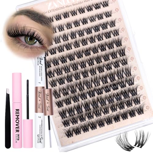Lash CLusters Kit Fluffy Lash Extension Kit Wispy Eyelash Clusters Natural Clear Band Individual Lashes Kit DIY Eyelash Extensions Kit Lash Bond Seal Remover Lash Applicator (8-16MM)