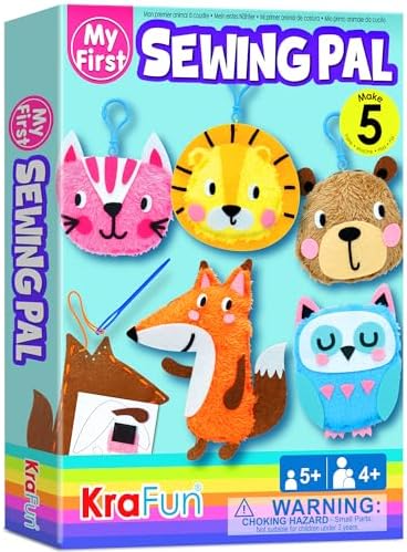 KRAFUN My First Sewing Animal for Kids, Beginner Art & Craft, 5 Easy Activities Stuffed Animal Dolls, Keyring Charms, Instructions & Felt Materials for Learn to Sew, Embroidery
