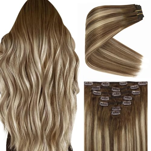 Ve Sunny Human Hair Clip in Extensions Comfortable Wear Clip in Human Hair Extensions Balayage Clip in Hair Extensions Chestnut Brown Ombre Blonde Balayage Clip in Real Hair Extensions 100g 14in