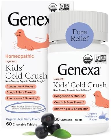 Genexa Kids' Cold Crush | Multi-Symptom Cough & Cold Relief for Children | Delicious Organic Acai Berry Flavor | Certified Organic & Non-GMO | Homeopathic Remedy Made Clean | 60 Chewable Tablets