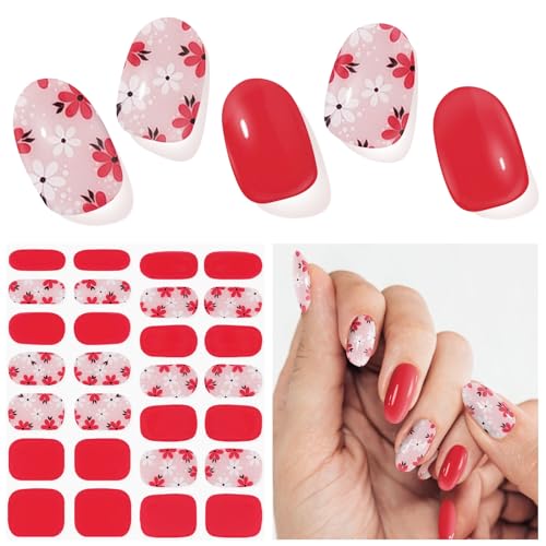 Semi Cured Gel Nail Strips, 28pcs Real Nail Polish Art Stickers/Wraps, Includes Prep Pads, Nail File & Wood Stick, Sticker Nails for Women Girls Kids DIY Gifts（Red