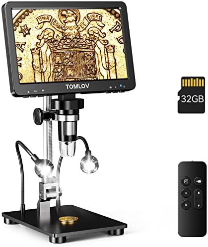 TOMLOV DM9 Pro 7" HDMI Digital Microscope 1200X with IPS Screen, 16MP Coin Microscope Magnifier for Entire Coin View, 1080P LCD Soldering Microscope for Adult with 10 LED Lights, PC/TV View, 32GB