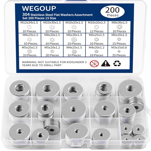 18-8(304) Stainless Steel Flat Washers for Screws and Bolts, 200 Pieces Metal Washers Kit (15 Sizes M3-M12), Assorted Large and Small Hardware Washers Set for Home and Industrial Use