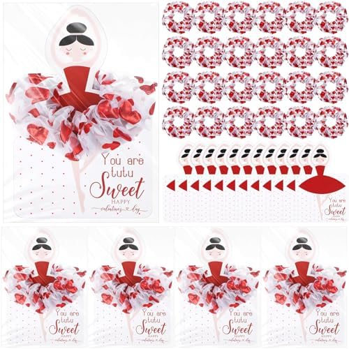 Lyrow 24 Sets Valentine's Day Scrunchies Ballerina Valentines Cards with Hair Accessories Red Gilding Headband Gymnastics Hair Ties Ballet Dancer Exchange Gifts for Girls Party Favors