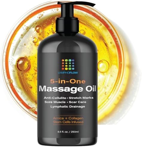 Anti Cellulite Massage Oil with Collagen Stem Cells, Arnica Oil for Lymphatic Drainage, Pain Relief, Sore Muscle, Stretch Marks, Scar and Keloid Removal, Piercing Care, Massager Tool, 8.5 Fl Oz