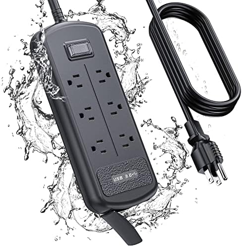 Surge Protector Power Strip 10ft Long Extension Cord, Indoor Outdoor Waterproof 6 Outlets 3 USB Ports, Wall Mountable, Safe for Desktop Home Office Patio, Dorm Room Essentials, Black
