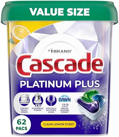 Cascade Platinum Plus Dishwasher Pods, Dishwasher Detergent, Dishwasher Soap, Dish Tabs, Dishwashing Tablets, Dish Detergent, Lemon, Actionpacs, 62 Count