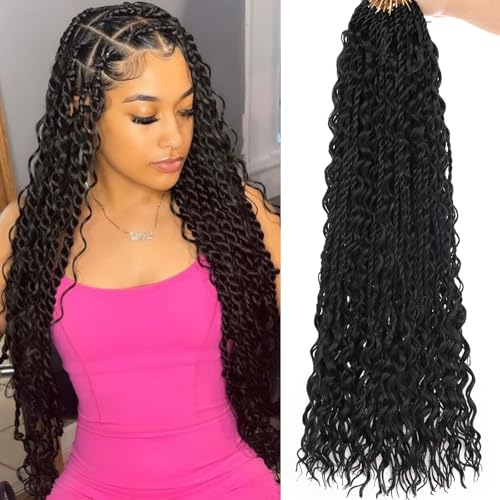 18 Inch Natural Black Senegalese Twist Crochet Hair with Curly Ends 9 Packs Boho Island Twist Crochet Braids Pre-Looped Goddess Twist Crochet Hair for Black Women Braiding Hair Extensions 1B#