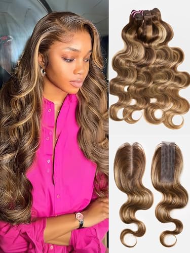 Brown Highlight Body Wave Bundles Human Hair 14 16 18 20 inch 4 Bundles Ombre Blonde Bundles Human Hair Extensions Natural Brazilian Virgin Unprocessed Human Hair