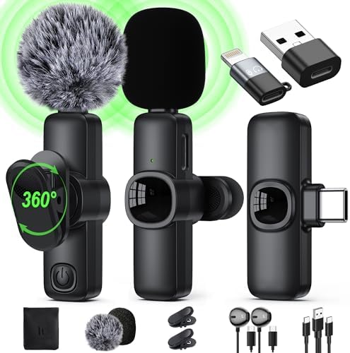 Wireless Lavalier Microphone for iPhone/Android Phone/Laptop/PC, IUMAKEVP 360° Adjustable Clip on Microphone with 100FT Transmission Distance and Noise Cancellation for Vlog, Interview, TikTok (2 Mic)