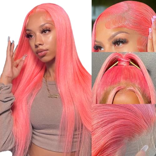 Pink Lace Front Wig Human Hair 20 Inch 13x4 Cotton Candy Pink Straight HD Lace Frontal Wig Human Hair Pre Plucked with Baby Hair Bubblegum Pink Lace Closure Human Hair Wig 150 Density for Women