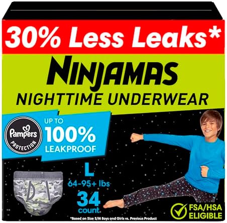 Ninjamas Boys Bedwetting Nighttime Underwear, Size L (64-95+ lbs), 34 Count, Overnight Protection, Ultra Absorbent, Hypoallergenic