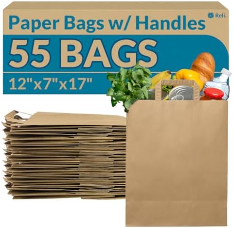 Reli. Paper Grocery Bags with Handles | 55 Pcs Bulk | 12"x7"x17" | Kraft Brown Paper Bags, Large | Use for Grocery, Take-Out, Restaurant, Retail, Shopping