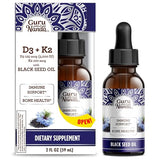GuruNanda Black Seed Oil, Cold-Pressed Nigella Sativa - Rich in Vitamin D3 5000 Units, K2 & E, High Thymoquinone | Potent Antioxidant for Immune Support, Non-GMO, 2 Fl.oz