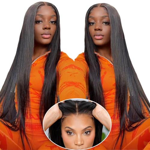 mengkai 30 Inch Glueless Wigs Human Hair Pre Plucked Pre Cut Lace Front Wigs Human Hair Pre Plucked Straight HD Lace Front Wigs Human Hair Bleached Knots Lace Closure Wigs Human Hair Straight Wigs