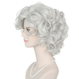 Koonfan Old Lady Wig Granny Grandma Costume 100 Days of School Party Wig Halloween Cosplay Short Silver Wigs