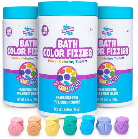 Tub Works® Fizzy Bath Color Tablets for Kids, 150 Count, 3 Pack | Nontoxic & Fragrance-Free | Color Bath Drops Create Fun Bath Colors | Water Tablets in 7 Colors for Variety | Bath Bombs for Kids Bath