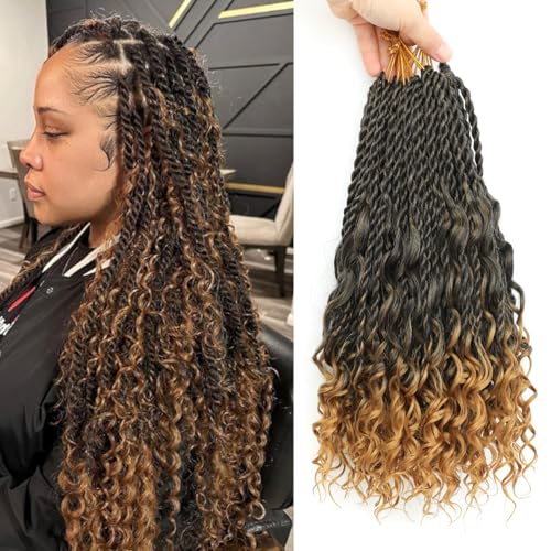 16 Inch Senegalese Twist Crochet Hair with Curly Ends - 8 Packs Boho Island Twist Crochet Hair Pre Looped Goddess Crochet Twist Hair for Black Women Braids Hair Extensions 1B/27