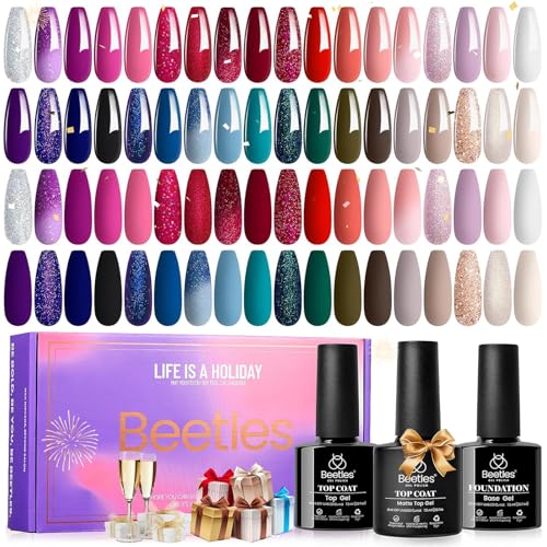 beetles Gel Polish Set Glitter Red Burgundy Blue Green Nude White Pink Purple Fall Gel Nail Polish 39Pcs Valentine's Day Gift for Girls with Base Matte Glossy Top Coat Soak Off Uv LED Nail Lamp Needed