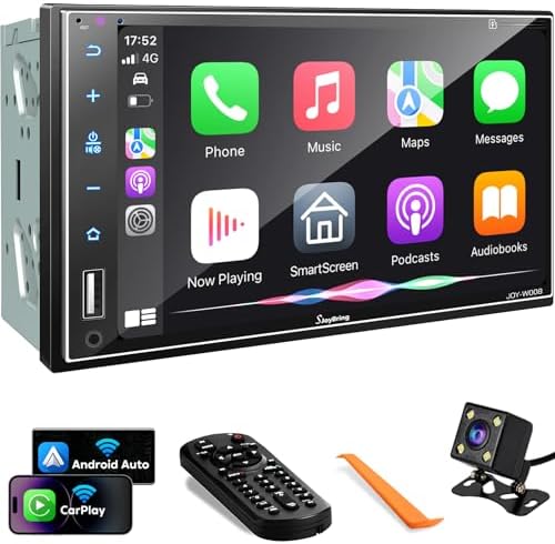 SJoyBring Upgrade Wireless Double Din Car Stereo with Apple CarPlay, Android Auto, Bluetooth, 4-Channel RCA, 2 Subwoofer Ports, 60W*4 High Power, 7" HD Touchscreen Car Radio Receiver, Backup Camera