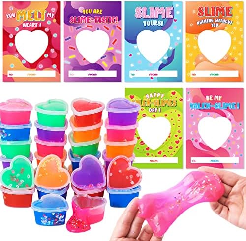 OCHIDO Valentines Day Cards for Kids- 30 Set of Heart Shape Slime with Valentines Greeting Cards for Kids - Valentine Exchange Gifts for Kids,School Event/Classroom Prizes,Valentine's Party Favors