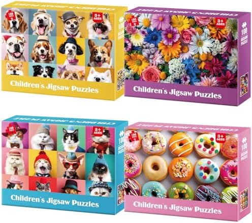100 Piece Puzzles for Kids Ages 4-8 - Dogs Flowers Donuts Cats Puzzles - Large Puzzles for Senior Jigsaw Puzzle for Kids Ages 4-6 6-8 8-10 Year Old Educational Puzzles Toys 4-Pack 15"x11"