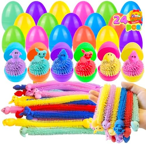 24 Pack Prefilled Easter Eggs with Bunny Stretchy Strings Sensory Fidget Toys Inside Great for Kids Aduts Toddlers Easter Basket Stuffers Egg Fillers Gifts