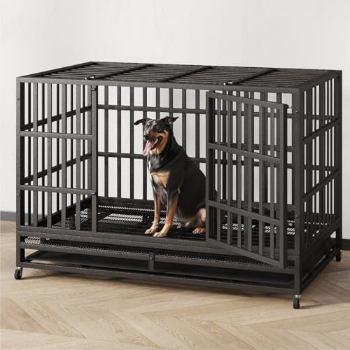 54/48/42/38 Inch Heavy Duty Indestructible Dog Crate Steel Escape Proof, Indoor Double Door High Anxiety Cage, Kennel with Wheels, Removable Tray, Extra Large XL