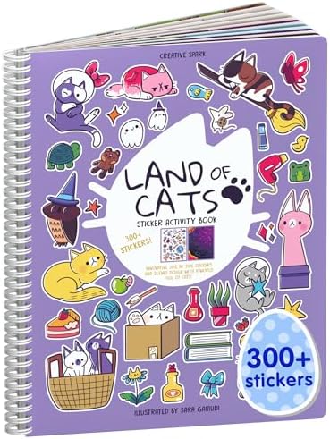 Land of Cats Sticker + Coloring Book (300+ Cat Stickers for Kids & 8 Scenes) by Cupkin, Side by Side Activity Book Design, Cat Sticker Books Kids Ages 4-8, Also Great for Older Boys & Girls