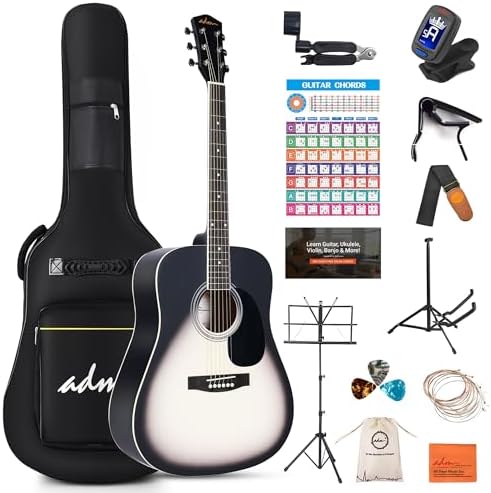 ADM Dreadnought Acoustic Guitar Kit with Free Lesson for Beginner Adult Teen Full Size Acustica Guitarra Starter Bundle Set with Bag Strap Tuner Capo Pickguard Music Stand, Right Hand(Grey, 41 Inch)