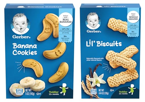Gerber Toddler Snacks Variety Pack, 1 Box of Banana Cookies for Toddlers (5 oz) & 1 Box of Lil’ Biscuits for Toddlers (4.44 oz), Pack of 2